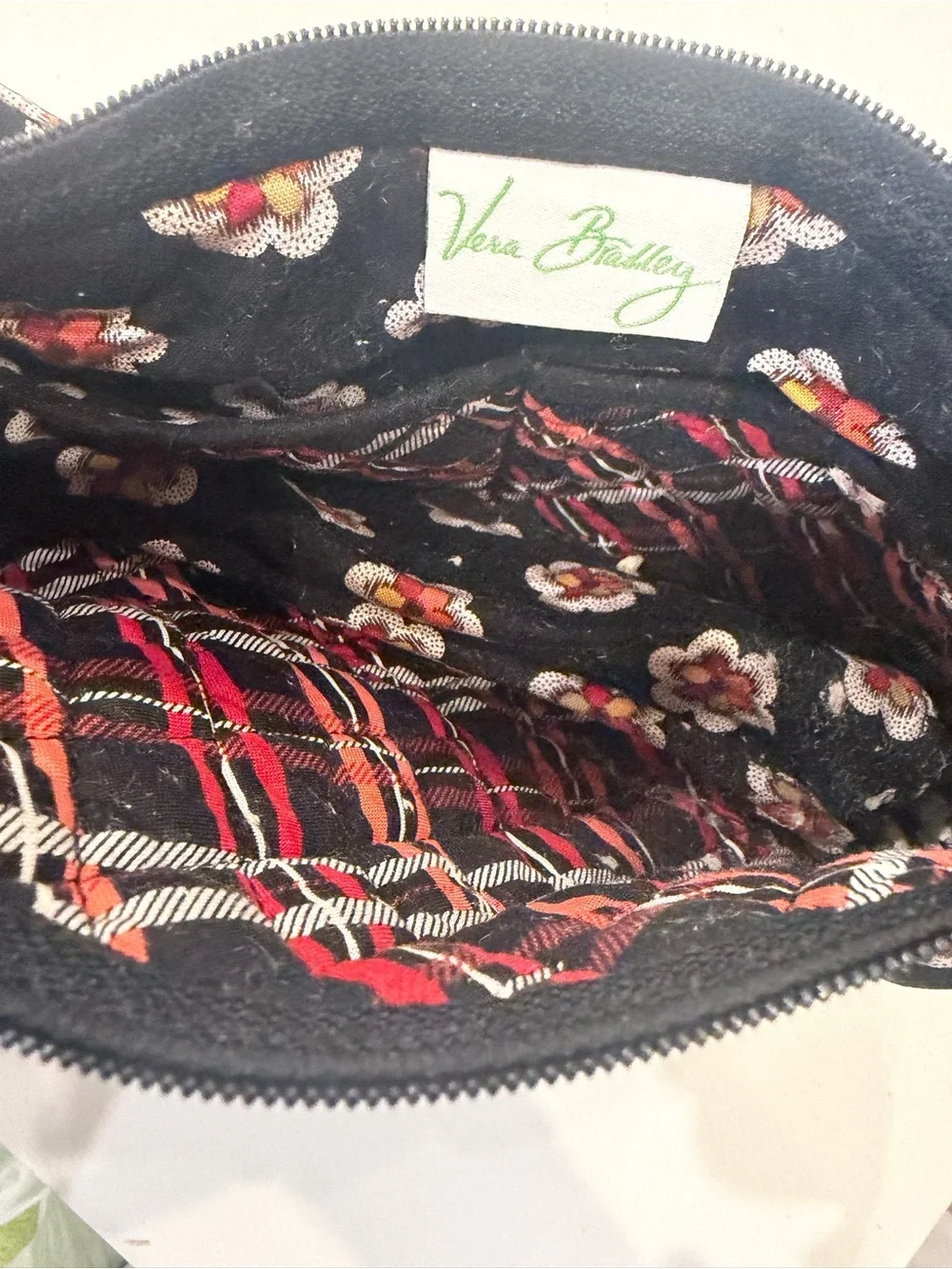 Vera Bradley Black Quilted Shoulder Bag with White & Red Floral Print